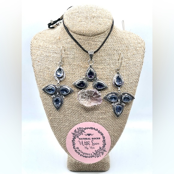 Sea Glass & Purple Statement Piece Pendant & Earrings Set - Picture 2 of 5